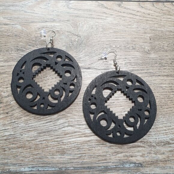 Large Round Black Laser Cut Wooden Earrings Women Gift Hook African Inspired - Picture 1 of 4